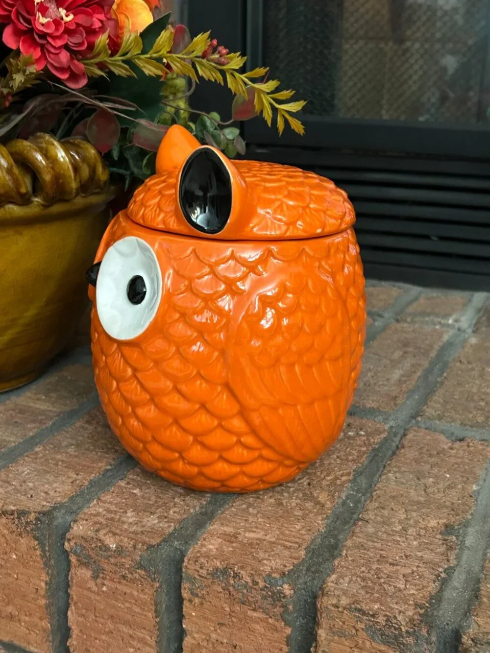 Orange Ceramic Owl Cookie Jar Canister w Lid Fall Halloween Decor 7.75